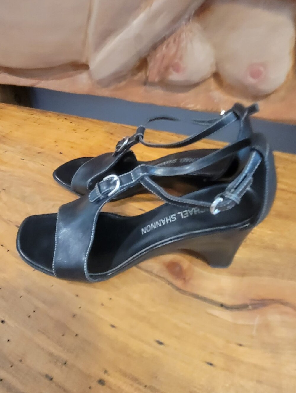 Vintage Micheal Shannon Size 7.5 Black Leather Sling Back 2.5" Wedge Sandal